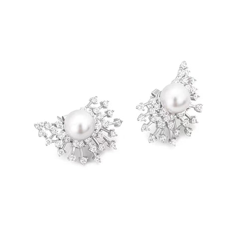 side view of Pearl earrings with scattered pavé