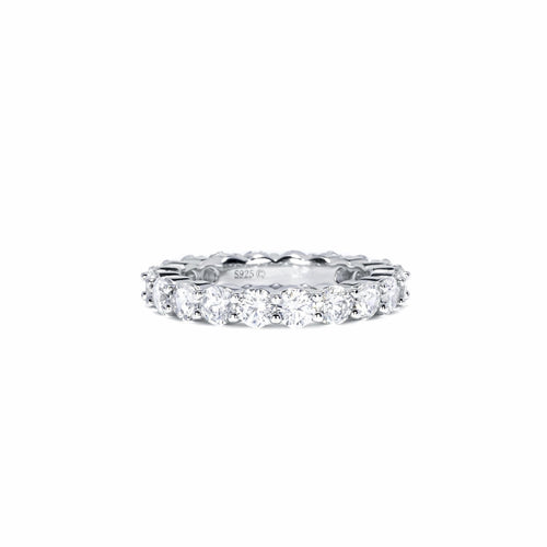 Round moissanite full eternity wedding band in silver