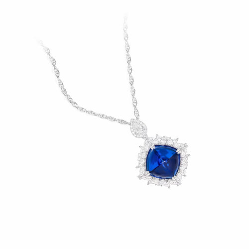 side view of Silver blue zircon halo necklace 