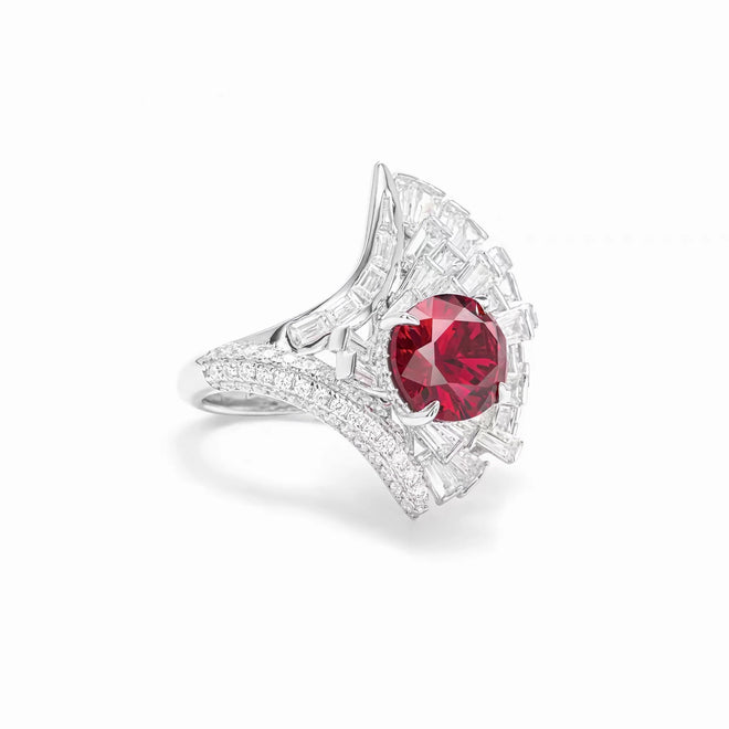 side view of Fancy red cubic zirconia engagement ring in silver