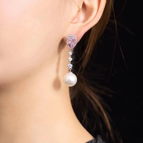 Pearl drop earrings with pink zircons