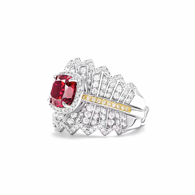 side view of Red zircon silver statement ring  