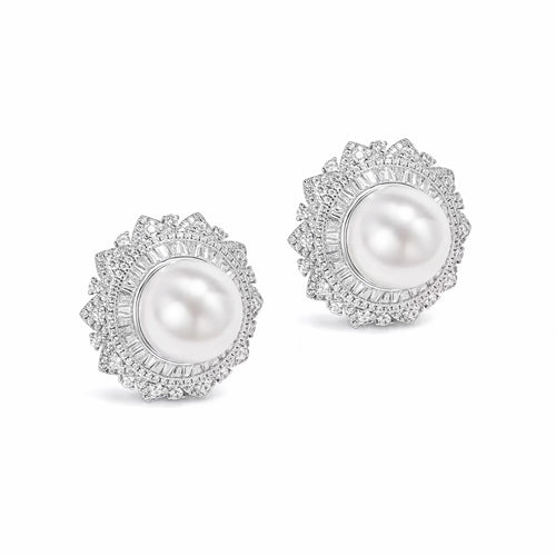 side view of Whte pearl bezel earrings with halo in silver