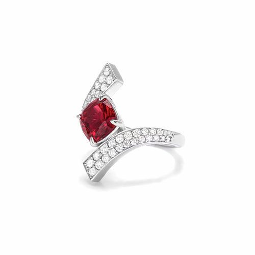 side view of Red zircon silver engagement ring with moissanites