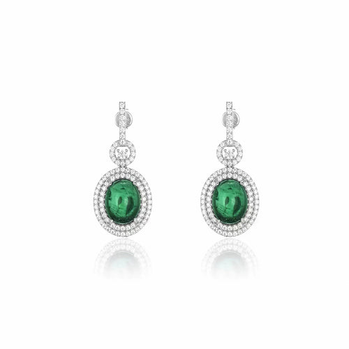 Pearl drop earrings with green cabuchon zircons