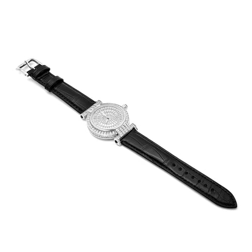 side view of Wrist watch bracelet with zirconia in silver and leather band