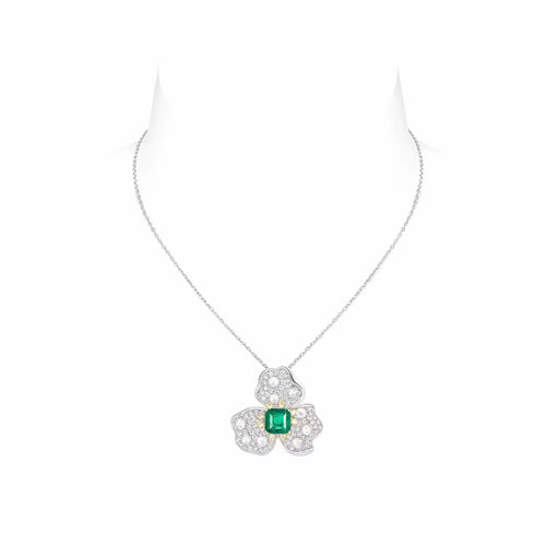 front view of Leafy green cubic zirconia necklace in silver