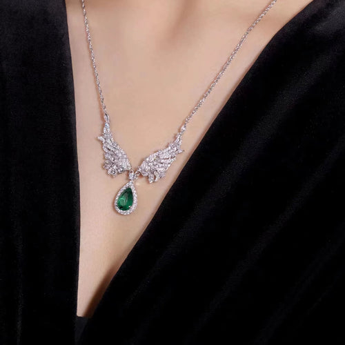 lady wearing Green cubic zirconia fancy necklace in silver