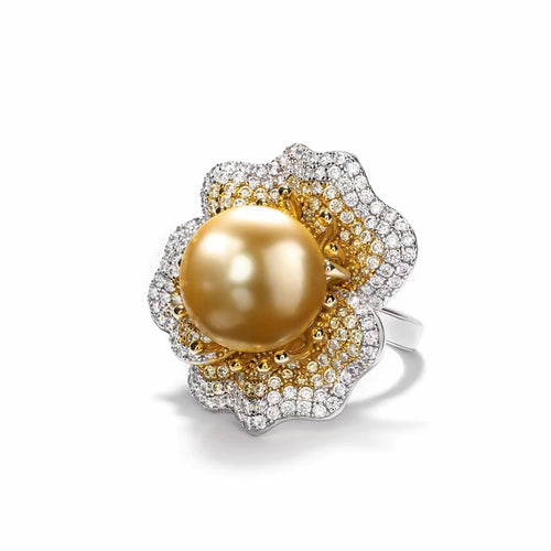 side view of Yellow pearl cocktail engagement ring with gradient pavé in silver