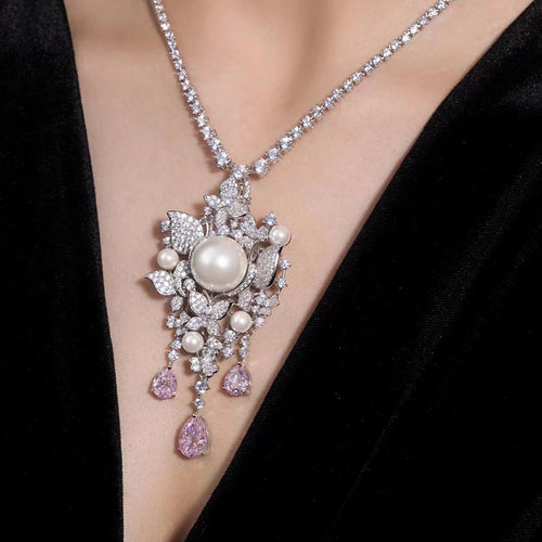 lady wearing Pearl silver necklace with zircons 