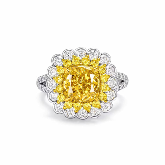 Yellow zircon halo engagement ring in silver