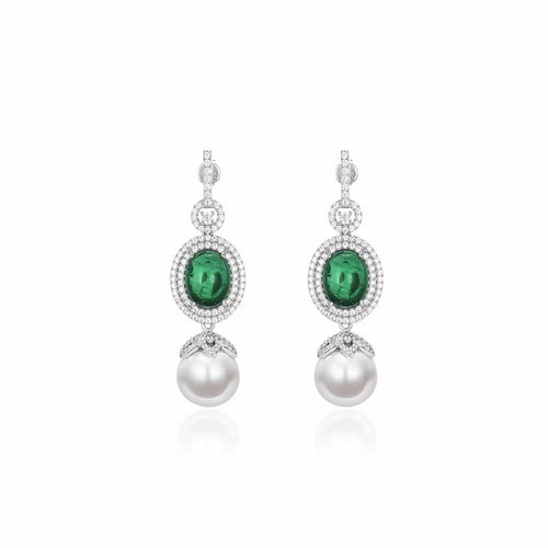 Pearl drop earrings with green cabuchon zircons