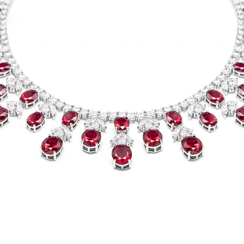 side view of Red cubic zirconia fancy necklace in silver