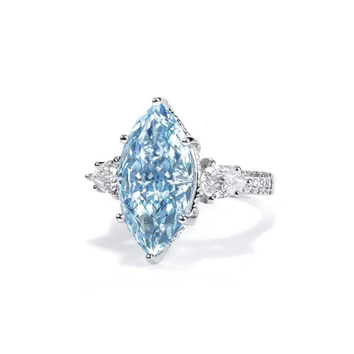 side view of Marquise blue cubic zirconia engagement ring in silver