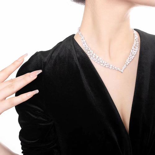 lady wearing Multi-shape white zirconia silver necklace  