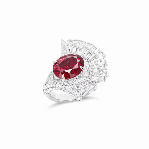 profile view of Fancy red cubic zirconia engagement ring in silver