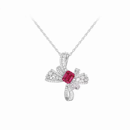 front view of Emerald Cut Red Zircon Butterfly Necklace