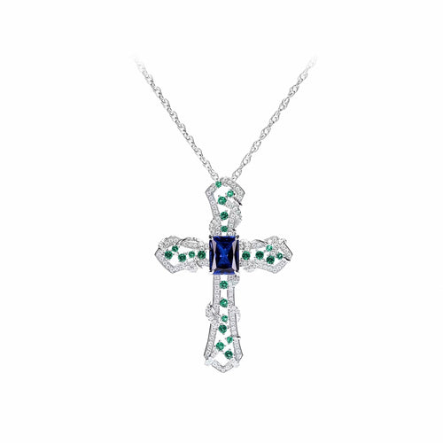 front view of Blue zircon cross necklace 