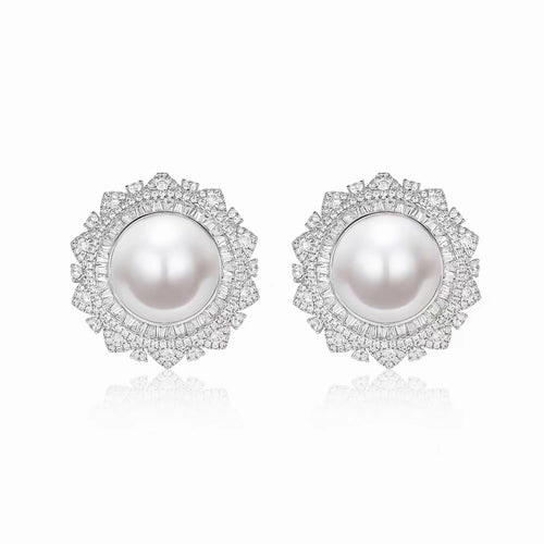 Whte pearl bezel earrings with halo in silver