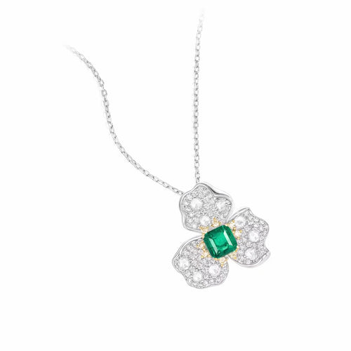 side view of Leafy green cubic zirconia necklace in silver