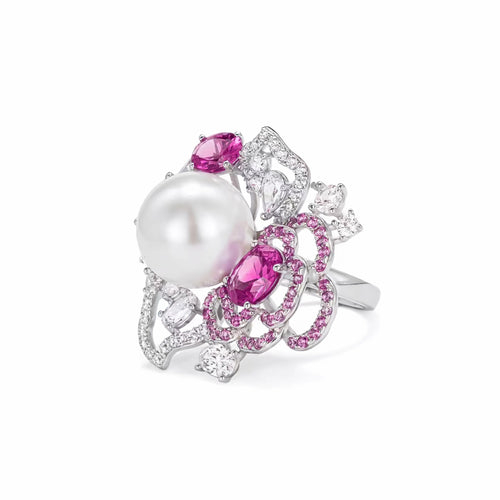 side view of Pearl cocktail ring with pink zirconia in silver