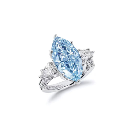 profile view of Marquise blue cubic zirconia engagement ring in silver