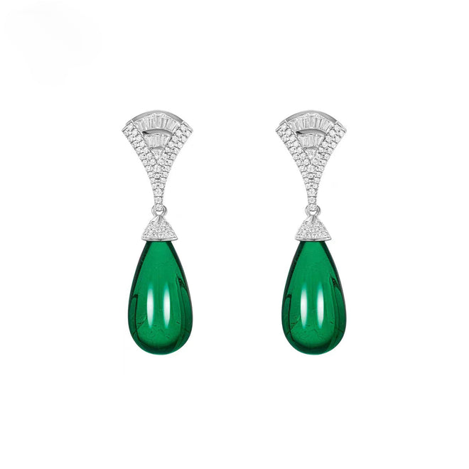 Emerald green drop earrings with zircon pave