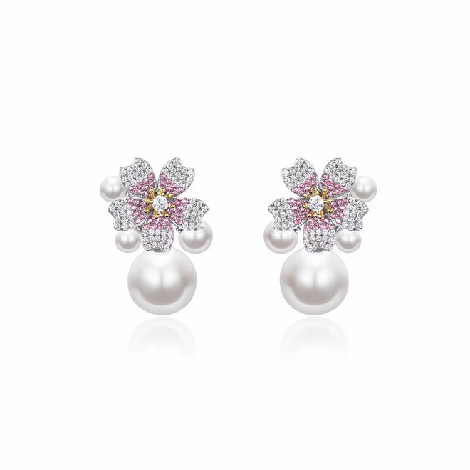 Silver floral pearl earrings with moissanites