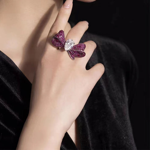 lady wearing Silver Butterfly Cocktail Ring With Cubic zirconia