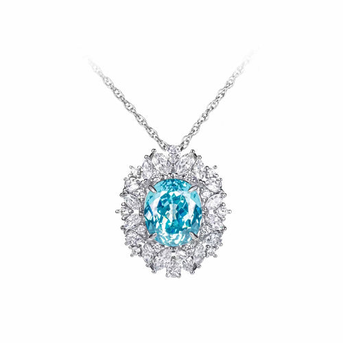 Ocean blue cubic zirconia necklace with halo in silver