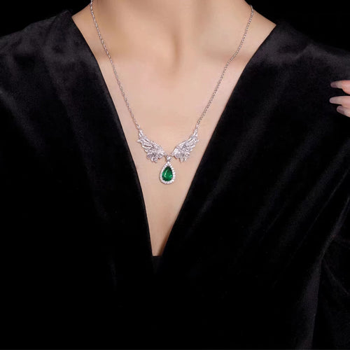 lady wearing Green cubic zirconia fancy necklace in silver