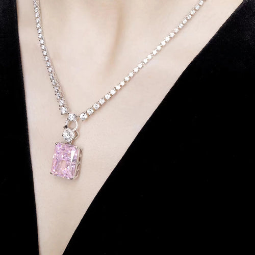 lady  wearing Pink radiant zirconia necklace in silver