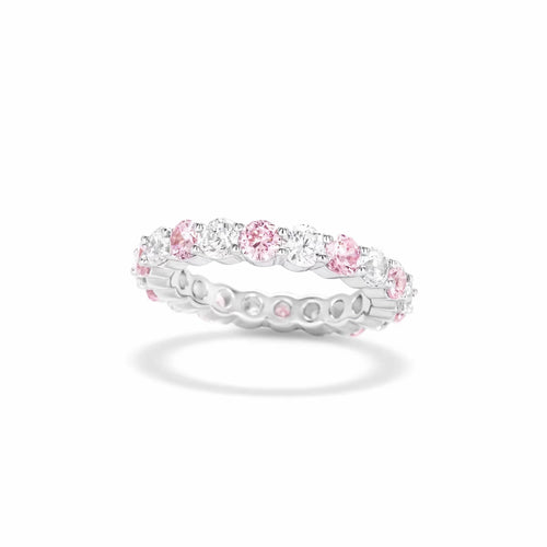 Alternating round pink and  white zircon silver ring