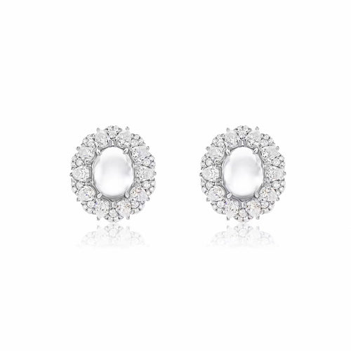 White cabuchon zircon earrings with halo