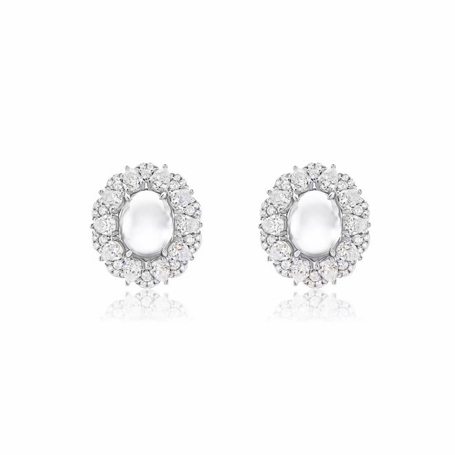 White cabuchon zircon earrings with halo