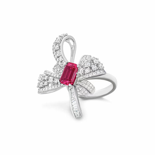 Engagement Ring With Red Zircon In Butterfly Design Ribbon Ring Side View