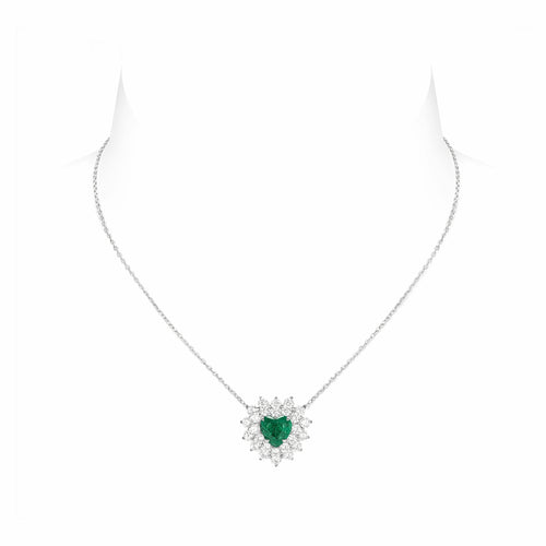 front view of Heart cut emerald necklace with halo in silver