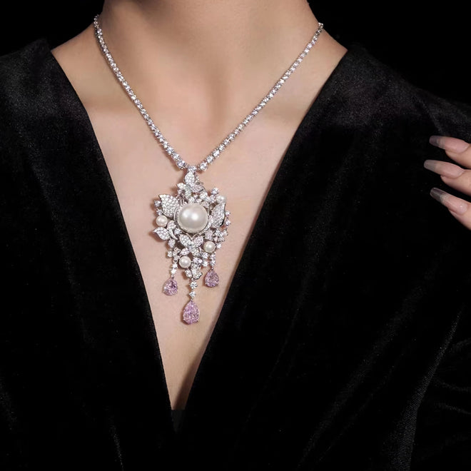 lady wearing Pearl silver necklace with zircons 