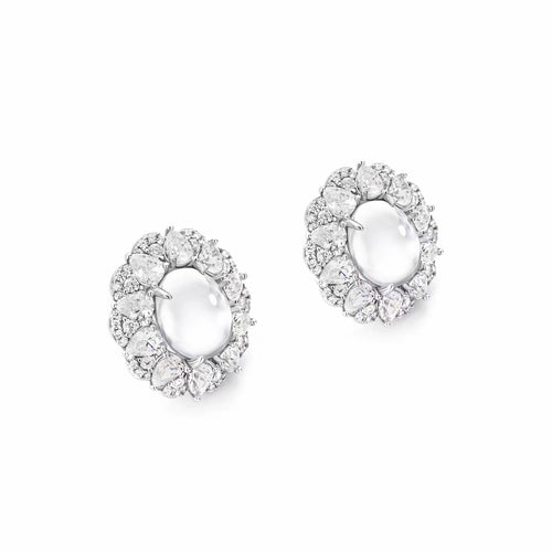 White cabuchon zircon earrings with halo